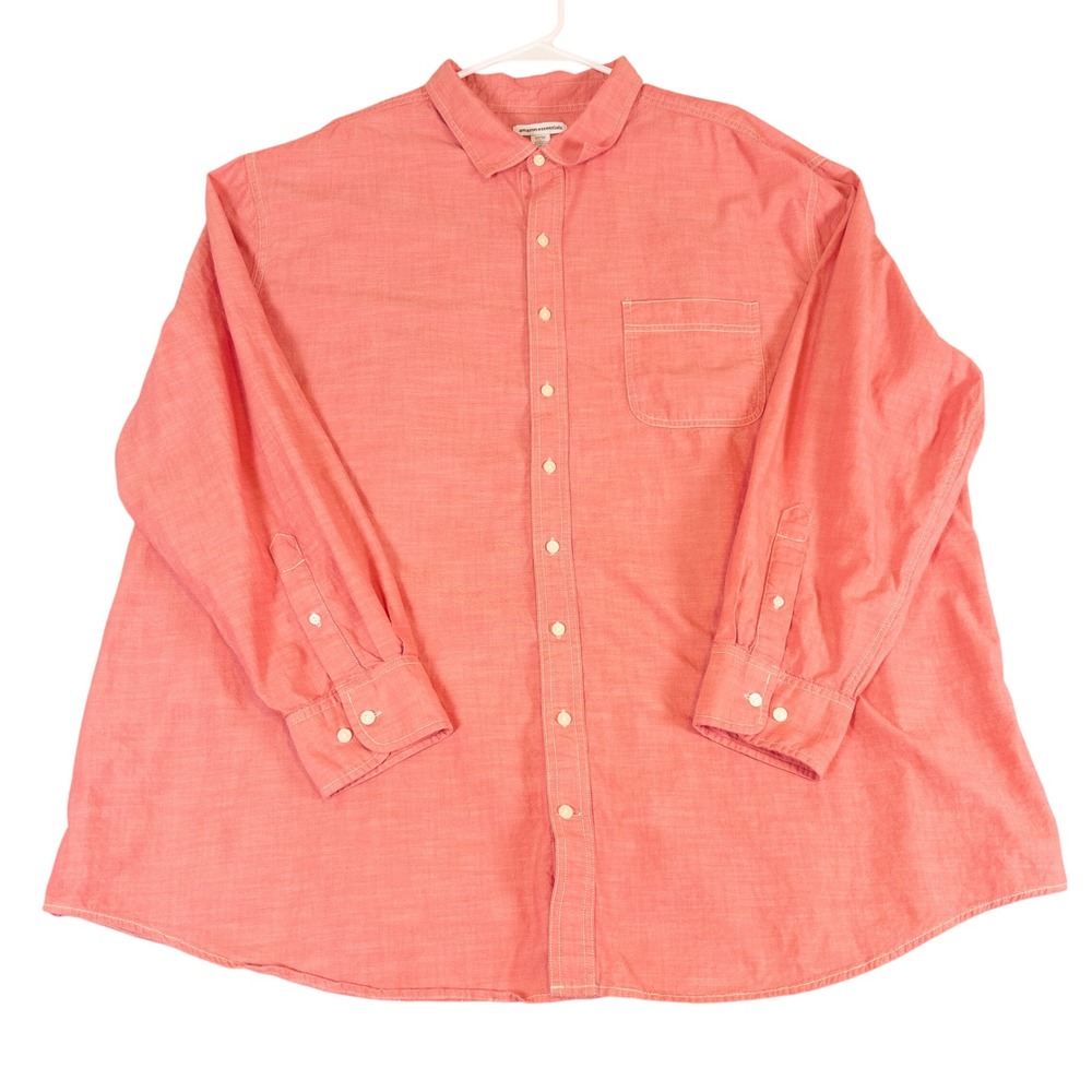 Amazon Essentials Mens 3XLT Coral Pink Chambray Long Sleeve Button Down Shirt